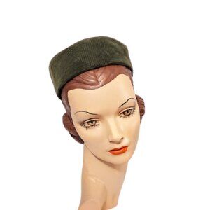 1960s Vintage Olive Green Velvet Round Pillbox Hat With Decorative Stitching